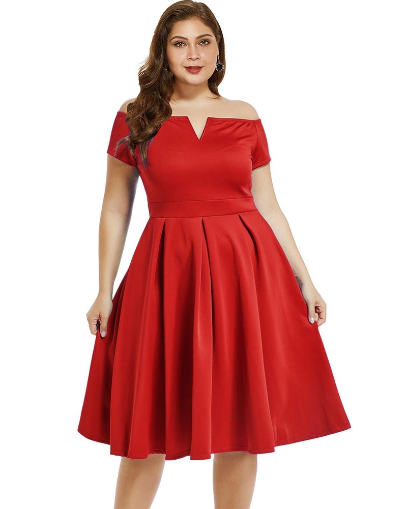 LALAGEN Women's Plus Size Vintage 1950s Party Cocktail Wedding Swing Midi Dress Red XXXL - Image 1